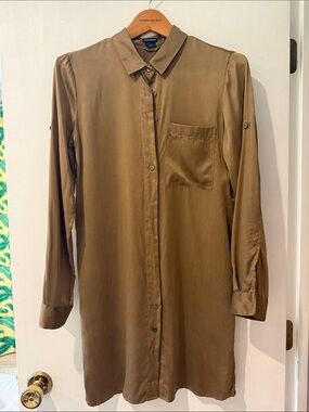 Club Monaco Olive 100% Silk Button-Down Shirt Dress